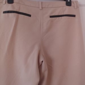 Khaki career slacks with vegan black leather trim. Straight leg